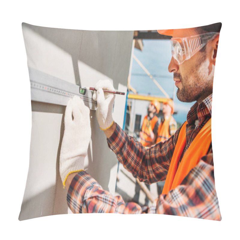 Personality  Side View Of Builder Using Bubble Level At Construction Site Pillow Covers