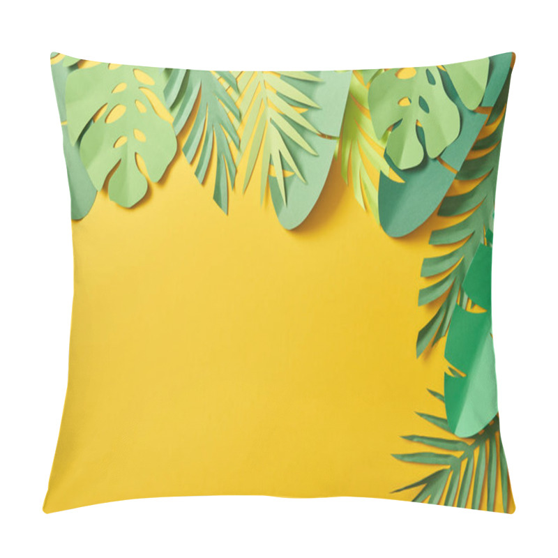 Personality  Top View Of Paper Cut Green Palm Leaves On Yellow Background With Copy Space Pillow Covers