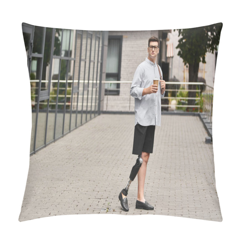 Personality  Handsome Young Man Standing On A Sidewalk With A Coffee Cup Beside A Modern Establishment. Pillow Covers