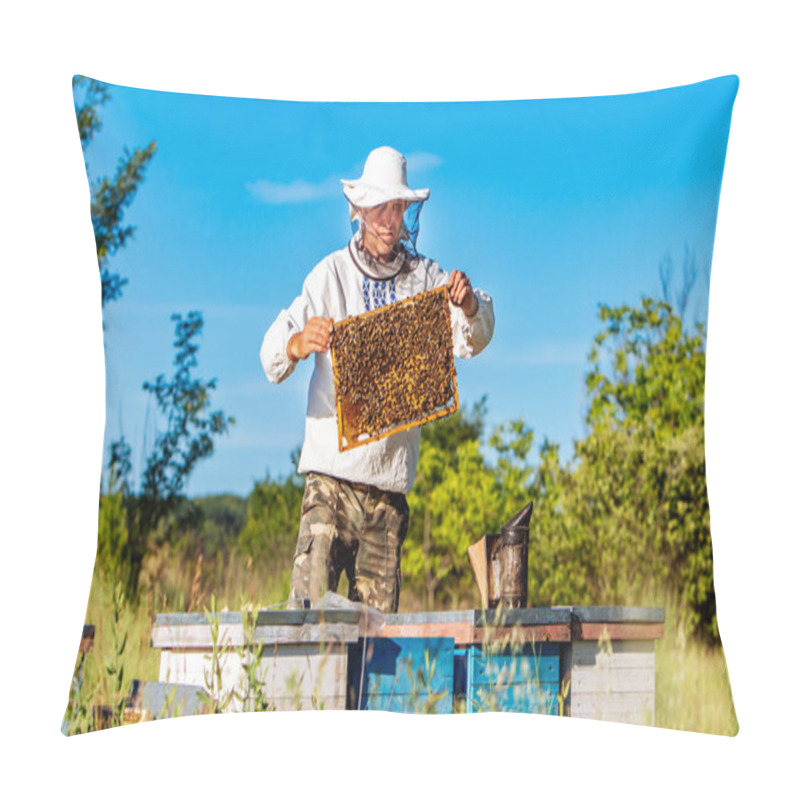 Personality  Beekeeper In Protective Workwear Inspecting Honeycomb Frame Full Of Bees Near The Wooden Hives At A Sunny Day. Apiary Concept. Beekeeper Harvesting Honey Pillow Covers