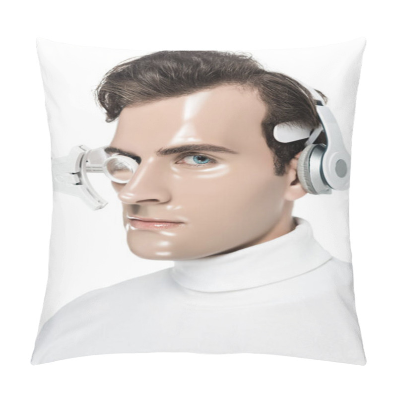 Personality  Brunette Cyborg In Headphones And Eye Lens Looking At Camera Isolated On White Pillow Covers