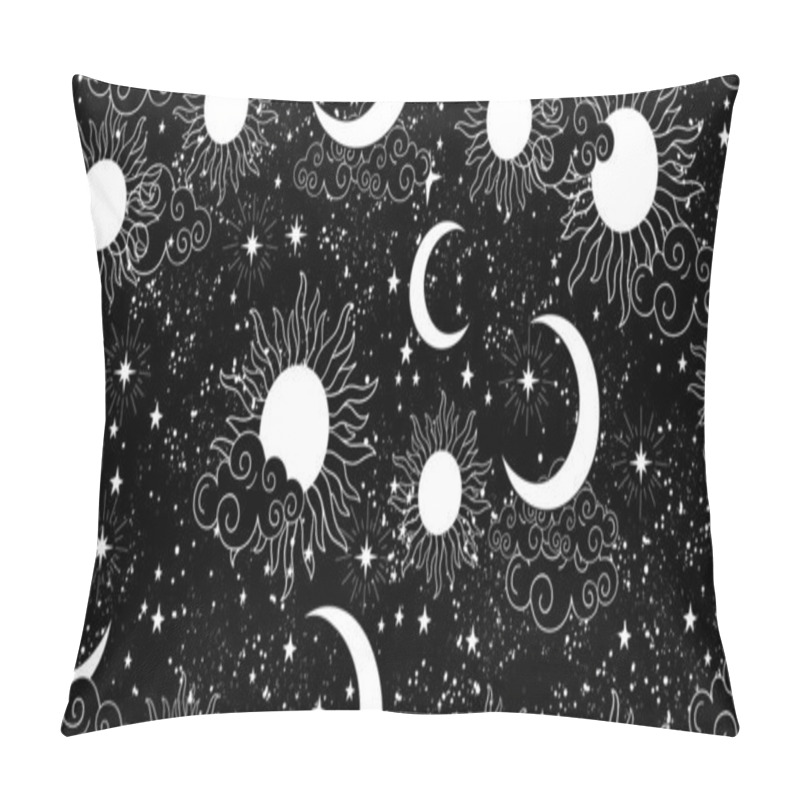 Personality  Seamless Black And White Space Pattern With Sun, Crescent And Stars On A Blue Background. Mystical Ornament Of The Night Sky For Wallpaper, Fabric, Astrology, Fortune Telling. Vector Illustration. Pillow Covers