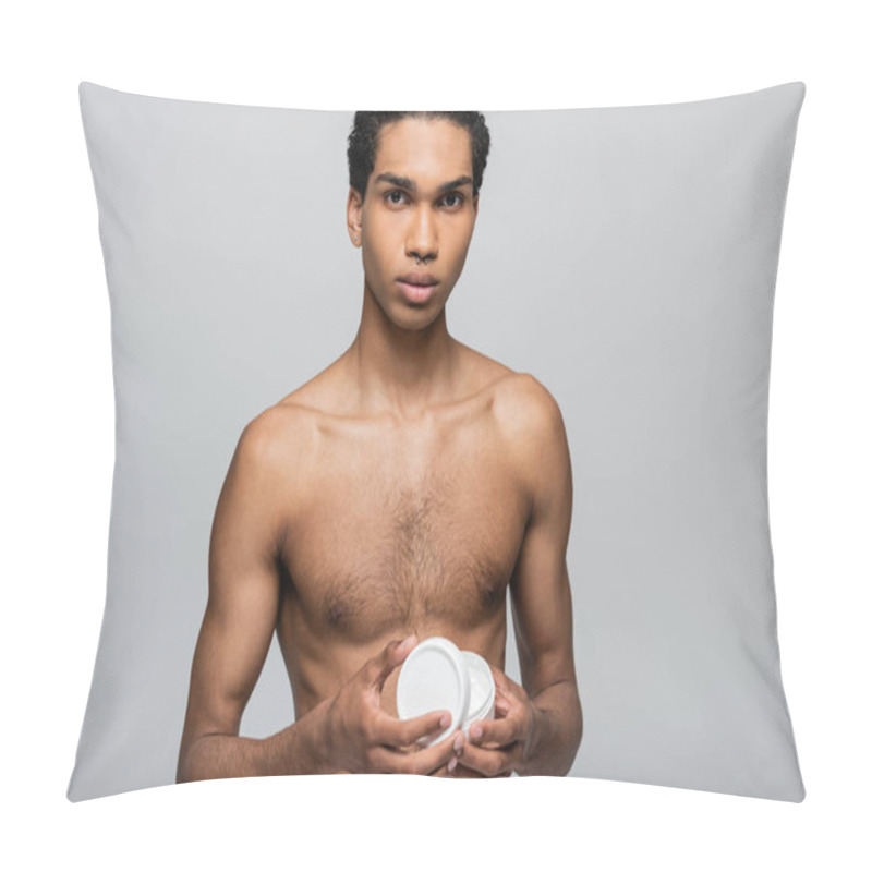 Personality  Shirtless African American Guy Opening Cosmetic Cream While Looking At Camera Isolated On Grey Pillow Covers