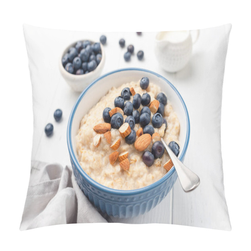 Personality  Healthy Breakfast Oatmeal Porridge In Bowl With Blueberries And Almonds Pillow Covers