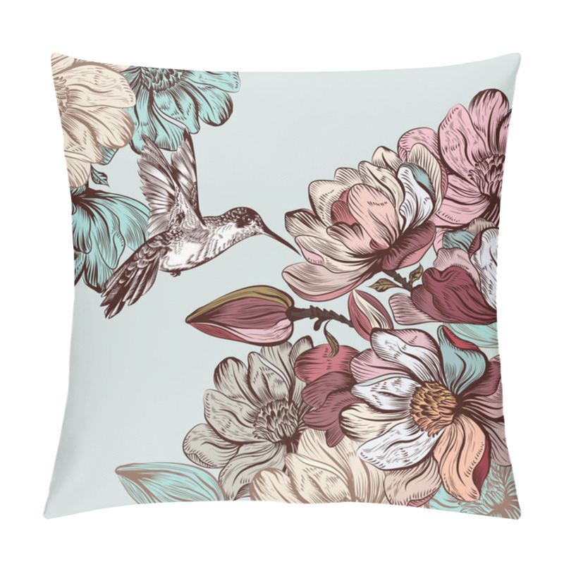 Personality  Vector Background With Magnolia Flowers And Bird In Engraved Sty Pillow Covers