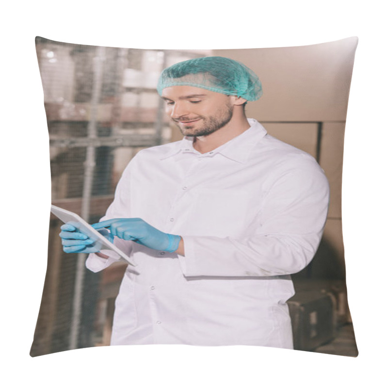 Personality  Smiling Storekeeper In White Coat And Hairnet Using Digital Tablet In Warehouse Pillow Covers