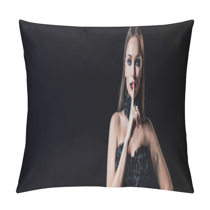 Personality  Panoramic Shot Of Scary Vampire Girl In Black Gothic Dress Showing Shh Sign Isolated On Black Pillow Covers