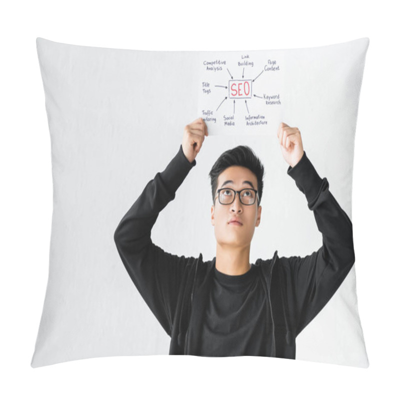 Personality  Asian Seo Manager Holding And Looking At Paper With Concept Words Of Seo  Pillow Covers