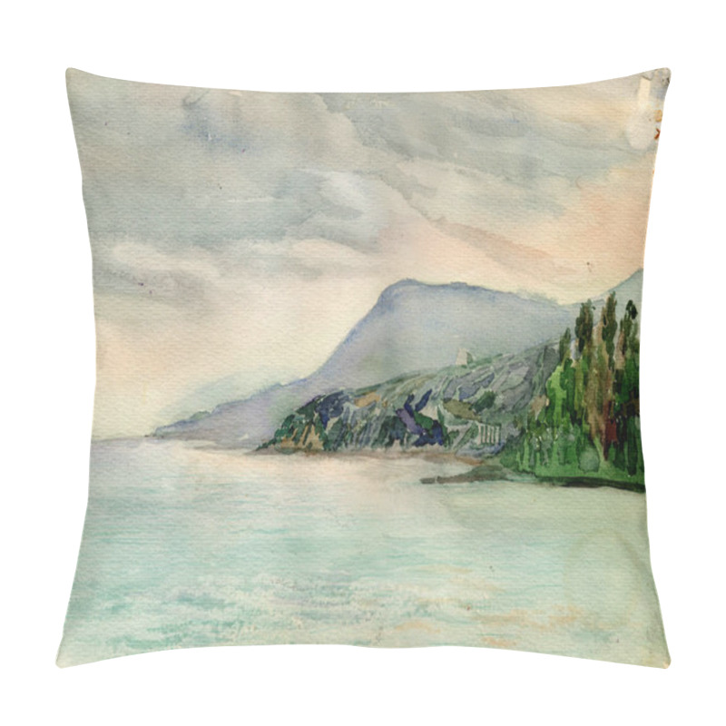 Personality  Watercolor Black Sea Coast Landscape With Mountains, Sandy Beach And Sea Bay On The Cloudy Sky Background. The South Coast Of Crimea. Colorful Illustration For Book Cover, Travel Brochure Pillow Covers