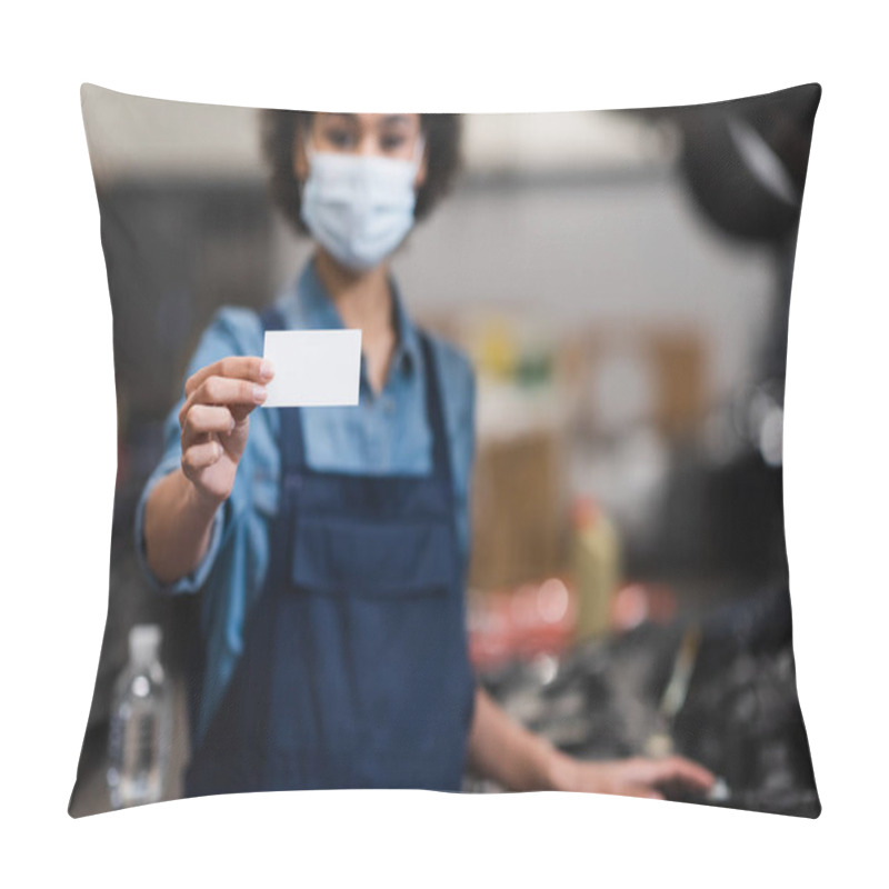 Personality  Empty Card In Hand Of Blurred Young African American Mechanic In Protective Mask In Garage Pillow Covers