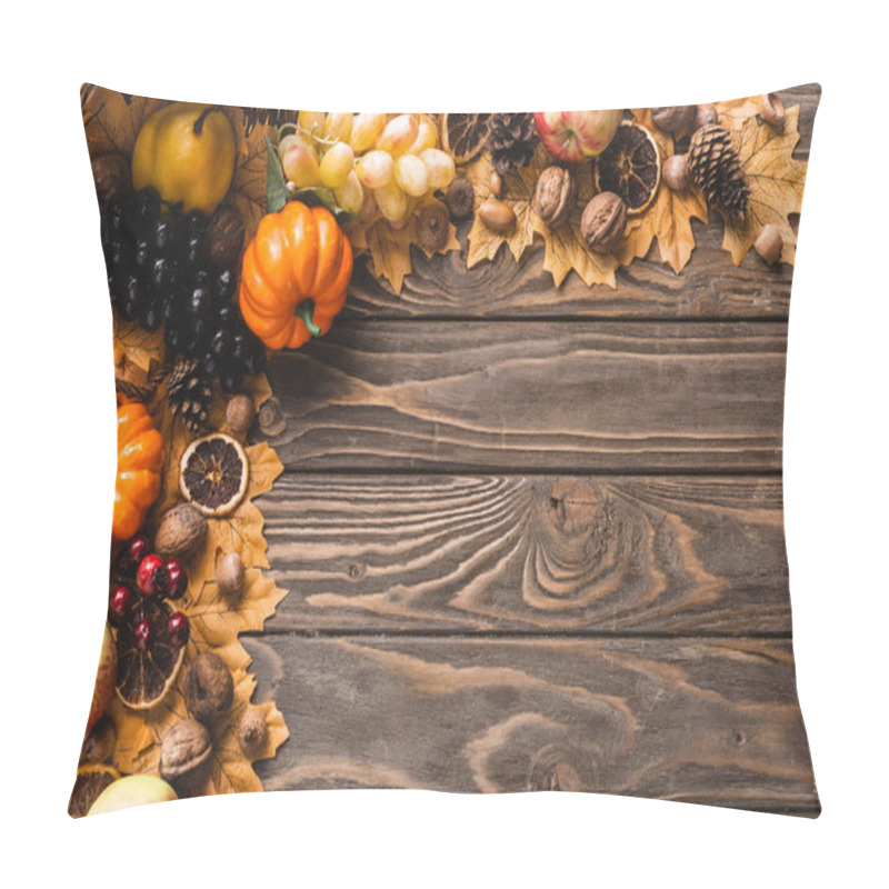 Personality  Top View Of Autumnal Harvest Scattered From Basket On Foliage On Brown Wooden Background Pillow Covers