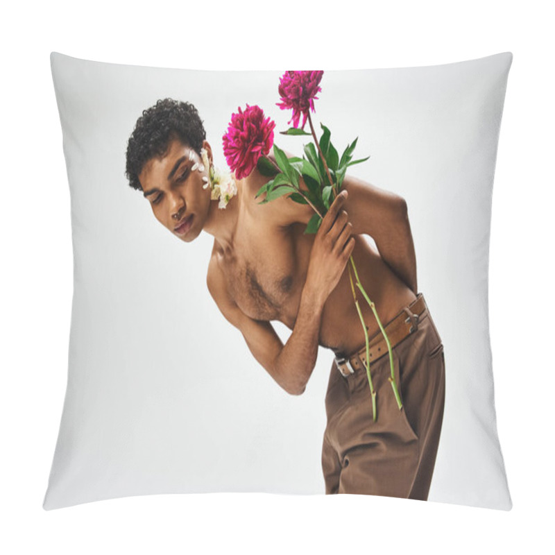 Personality  A Young, Muscular African American Man Poses Against A Grey Background, With Flowers Decorating His Body And Face. Pillow Covers