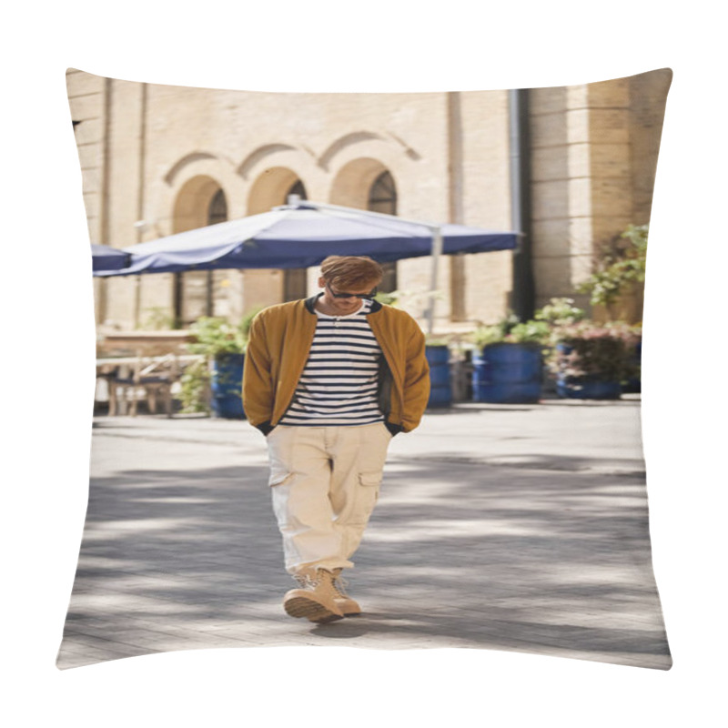 Personality  A Young Red-haired Man Walking In Front Of A Building, Dressed In Debonair Attire. Pillow Covers