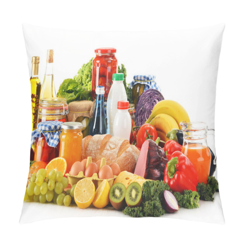 Personality  Composition With Variety Of Grocery Products Isolated On White Pillow Covers