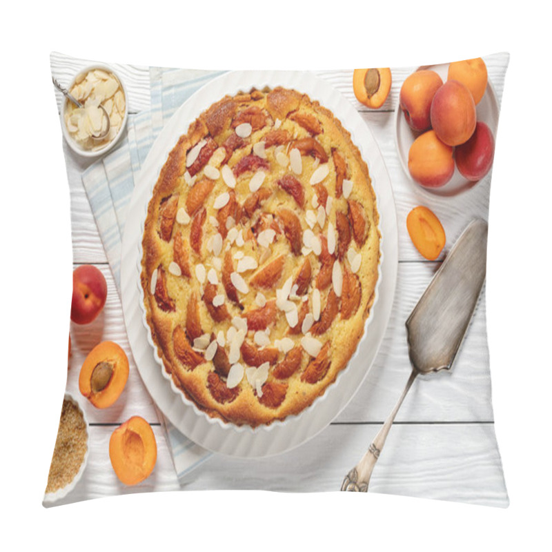 Personality  Apricot Frangipane Tart, Delicious Summer Dessert Of A Crunchy Shortcrust Pastry, Almond Cream Filling And Fresh Apricot Slices In White Baking Dish On Wooden Table, Flat Lay, Close-up Pillow Covers