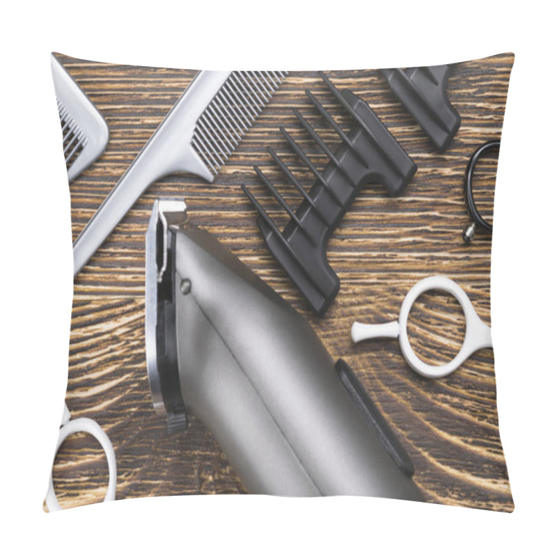 Personality  Tool For Cutting Hair On A Dark Wooden Background Pillow Covers