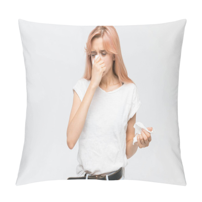 Personality  Studio Portrait Of Young Blonde Woman Blowing Her Nose Into A Paper Napkin. The Epidemic Of Cold, Sneezing, Allergy Symptoms, Flu, Rhinitis, Sickness, Desperately Sick. Healthcare And Medicine Concept Pillow Covers