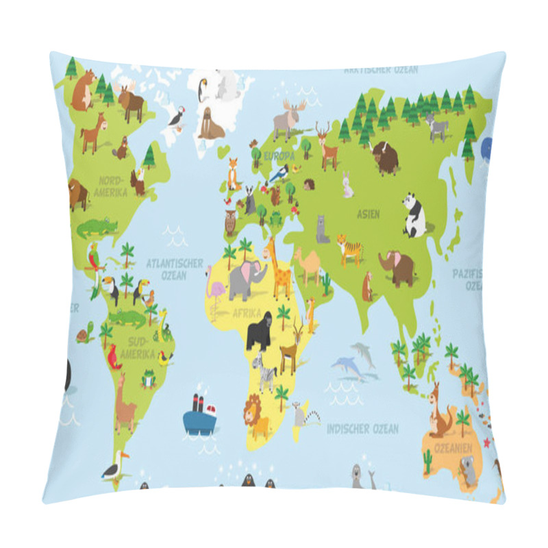 Personality  Funny Cartoon World Map In German With Traditional Animals Of All The Continents And Oceans. Vector Illustration For Preschool Education And Kids Design Pillow Covers