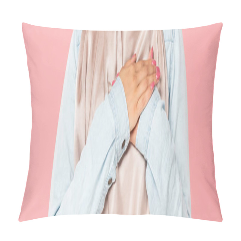 Personality  Cropped View Of Muslim Girl Holding Hands On Heart, Isolated On Pink Pillow Covers