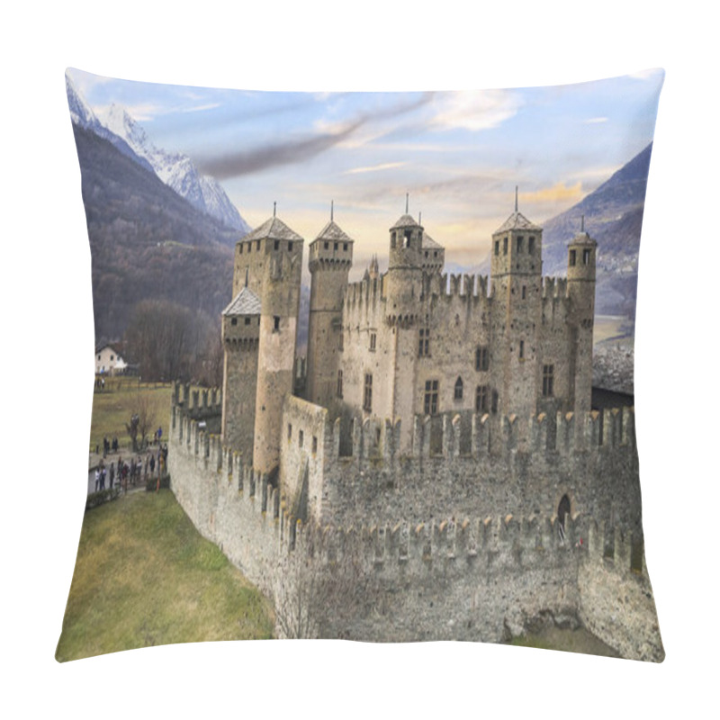 Personality  One Of The Most Beautiful And Famous Medieval Castles Of Italy Castello Di Fenis In Valle D'Aosta , Aerial Drone View Pillow Covers