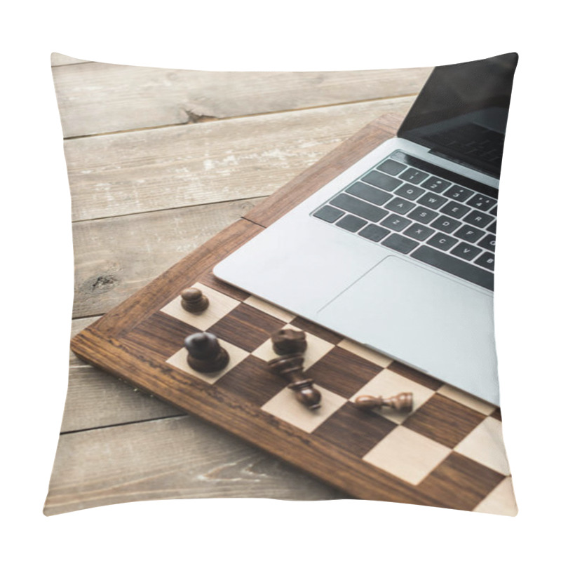 Personality  Cropped Image Of Chess Board With Chess Pieces And Laptop On Rustic Wooden Surface Pillow Covers