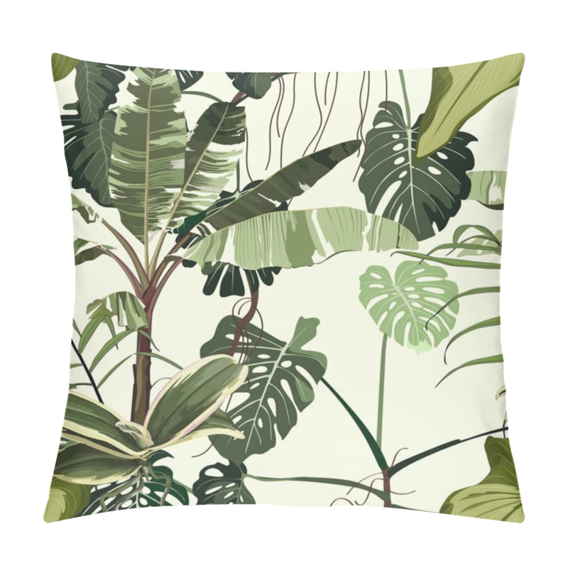 Personality  Tropical Pattern, Palm Tree Leaves And Exotic Plant  Seamless Border On Light Vintage Background. Exotic Jungle Wallpaper. Pillow Covers