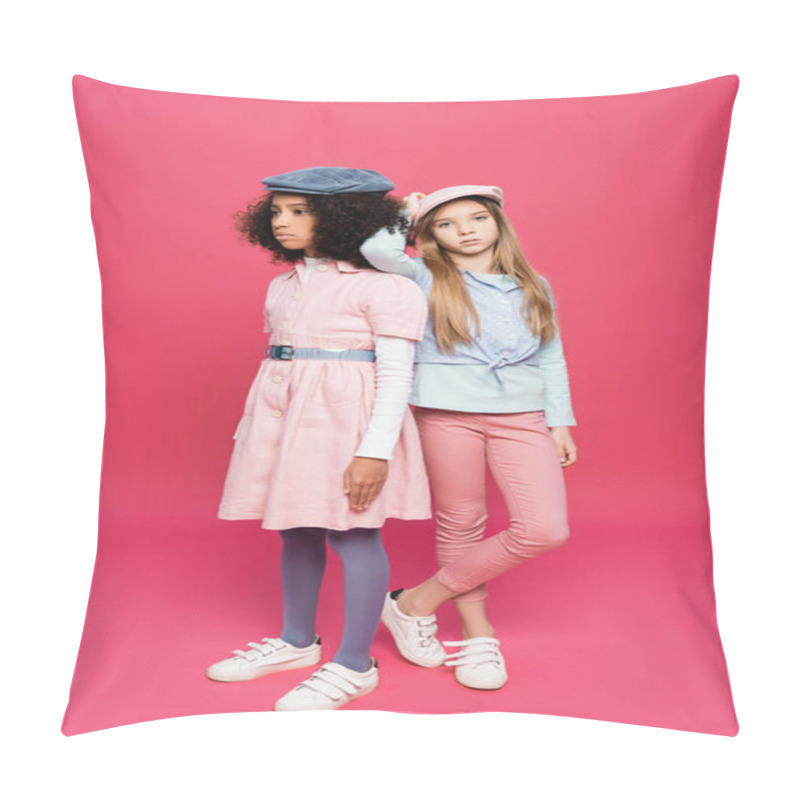 Personality  Stylish Girl Leaning On Shoulder Of African American Friend While Posing On Pink Pillow Covers