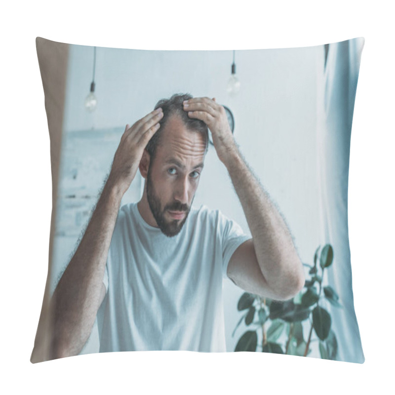 Personality  Mid Adult Man With Alopecia Looking At Mirror, Hair Loss Concept  Pillow Covers