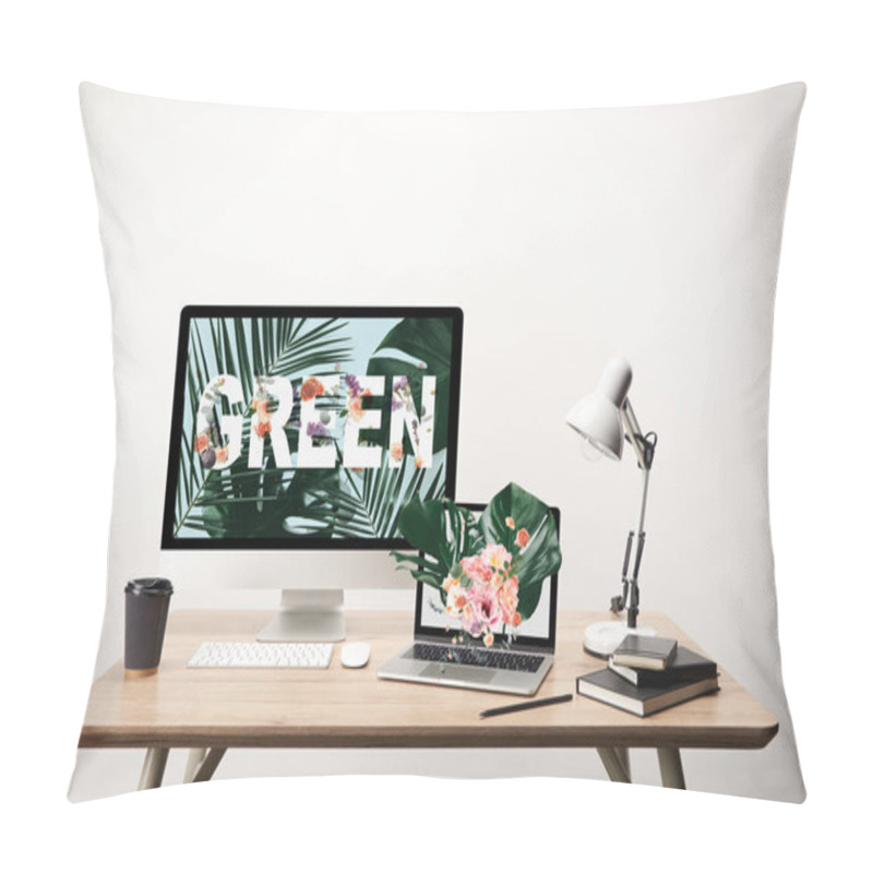 Personality  Computer With Green Lettering And Monstera Leaves Illustration On Monitor On Wooden Table Pillow Covers