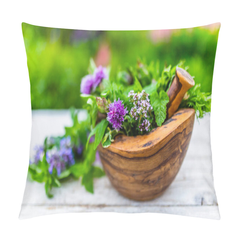 Personality  Fresh Herbs In A Wooden Mortar. Pillow Covers