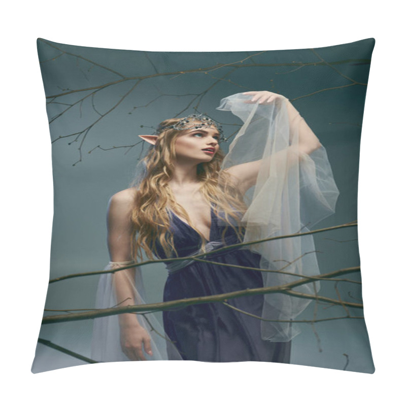 Personality  A Young Woman Exudes Fairy And Fantasy Vibes, Dressed In A Beautiful Blue Dress With A Delicate White Veil. Pillow Covers