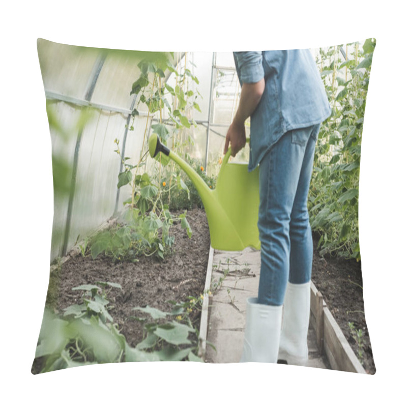 Personality  Cropped View Of Farmer Holding Watering Can Near Garden Beds In Greenhouse Pillow Covers