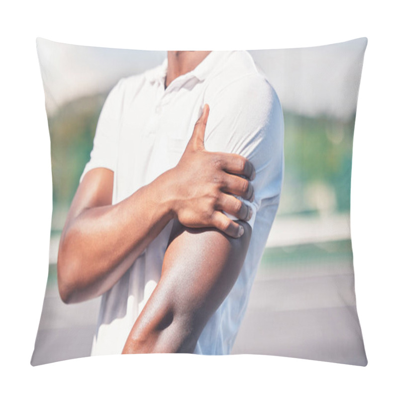 Personality  Black Man, Hand And Arm Pain From Healthcare Accident Or Medical Wellness Emergency Outdoor. African Person, Shoulder Injury And Broken Bone, Hurt Muscle Or Arthritis During Fitness Workout On Court. Pillow Covers