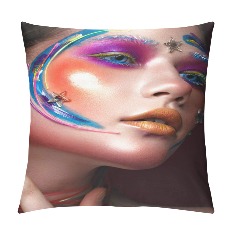 Personality  Beautiful Girl With Creative Make-up In Pop Art Style. Beauty Face. Pillow Covers