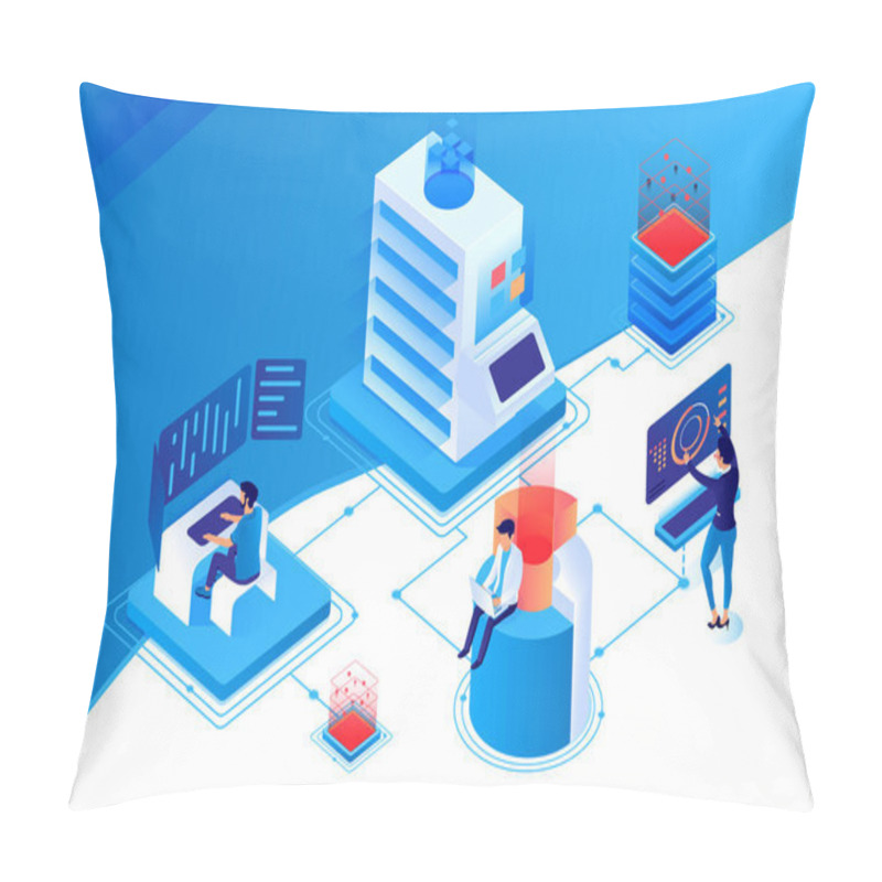 Personality  3d Isometric Nodal Data Center With Workspace, Diagram And Laptop. Pillow Covers