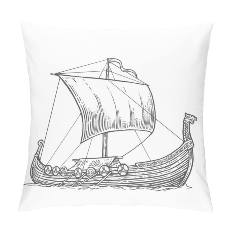 Personality  Drakkar Floating On The Sea Waves.  Hand Drawn Design Element Sailing Ship. Vintage Vector Engraving Illustration For Poster, Label, Postmark. Isolated On White Background. Pillow Covers