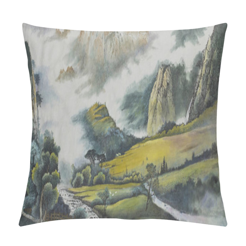 Personality  Mountain Landscape With A River And Fields Painted In Chinese Style Pillow Covers