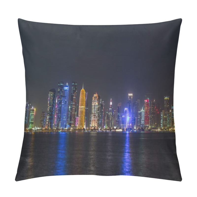 Personality  Doha Skyscrapers In Downtown Skyline Night Timelapse, Qatar, Middle East Illuminated Towers On A West Bay Reflected In A Water Of Gulf. Pillow Covers