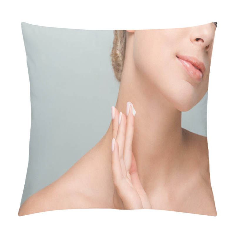 Personality  Cropped View Of Woman Applying Cosmetic Cream On Neck Isolated On Grey  Pillow Covers