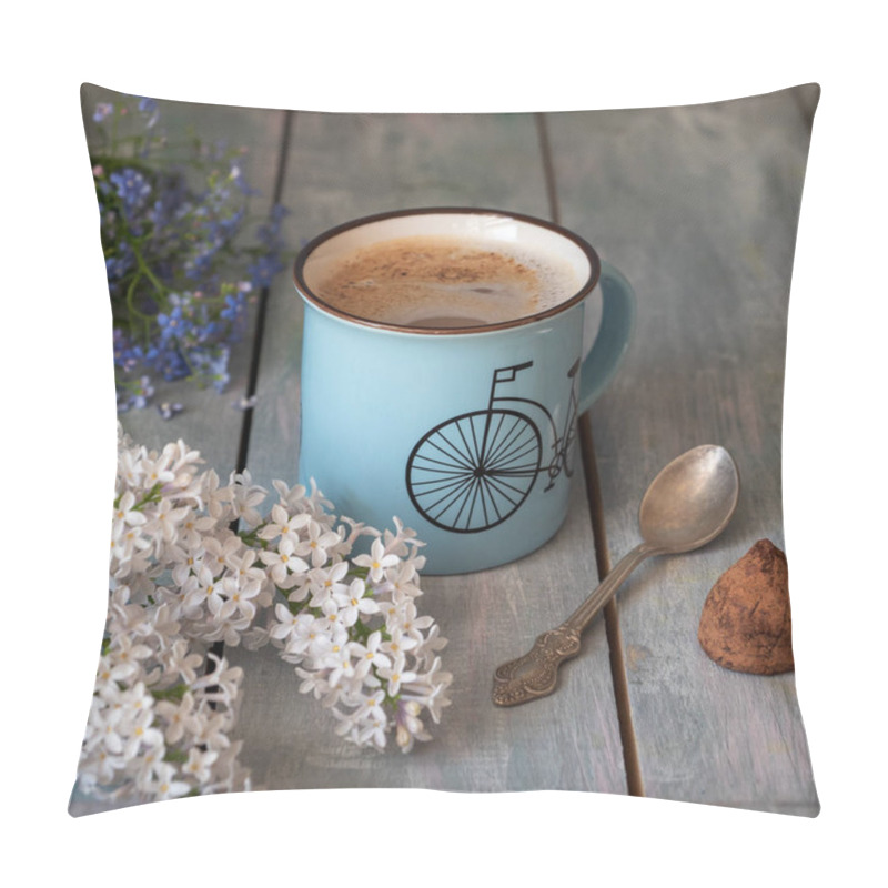 Personality  Spring Flowers With A Cappuccino Mug In A Blue Mug On A Wooden Rustic Kitchen Table Pillow Covers