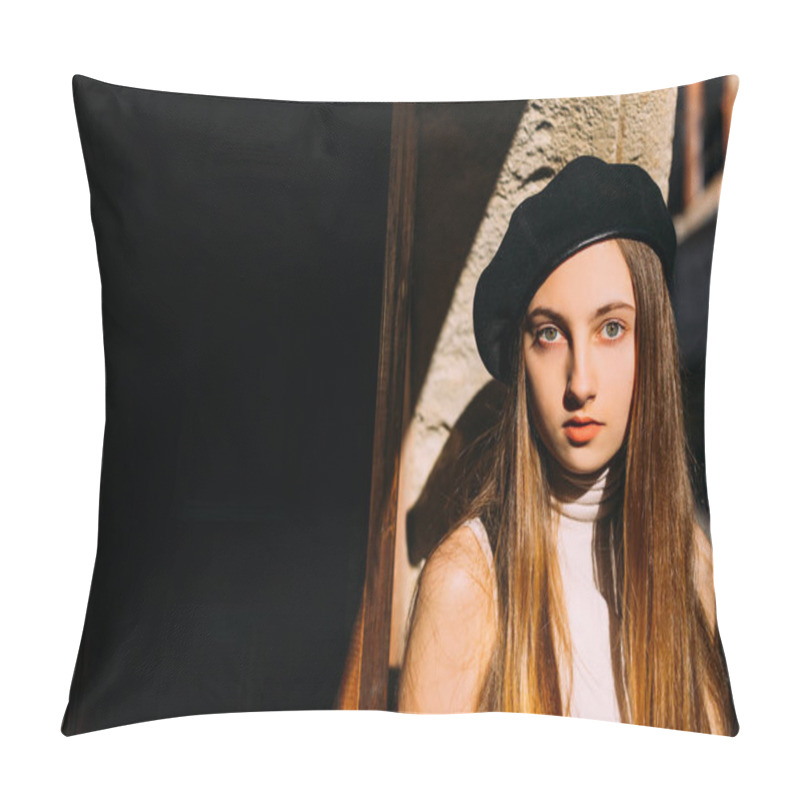 Personality  A Girl With Long Beautiful Hair And A Serious Look Near The Door Pillow Covers