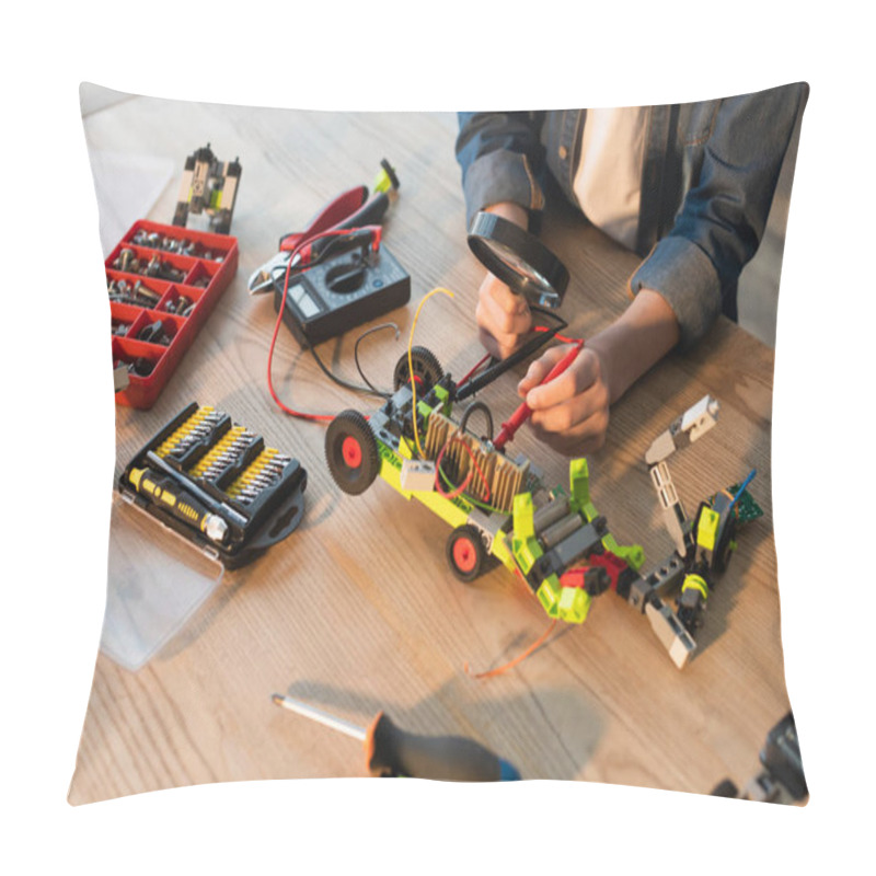 Personality  Cropped View Of Boy Holding Magnifying Glass Near Robotic Model And Millimeter On Table At Home  Pillow Covers