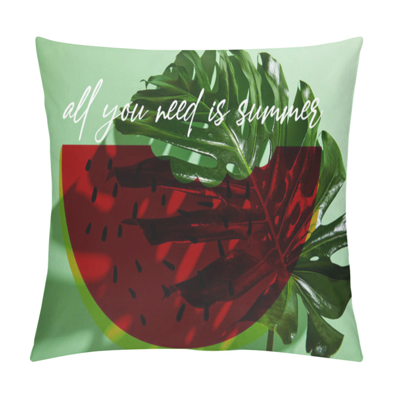 Personality  Fresh Tropical Leaf On Green Background With All You Need Is Summer Illustration Pillow Covers