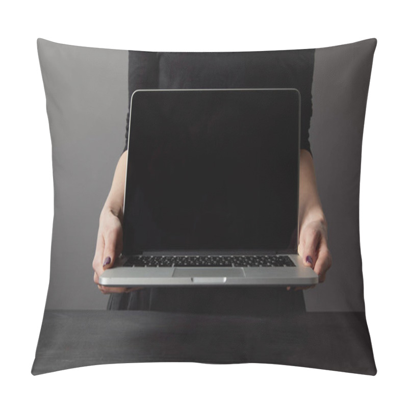 Personality  Partial View Of Woman Holding Laptop With Blank Screen On Grey Pillow Covers