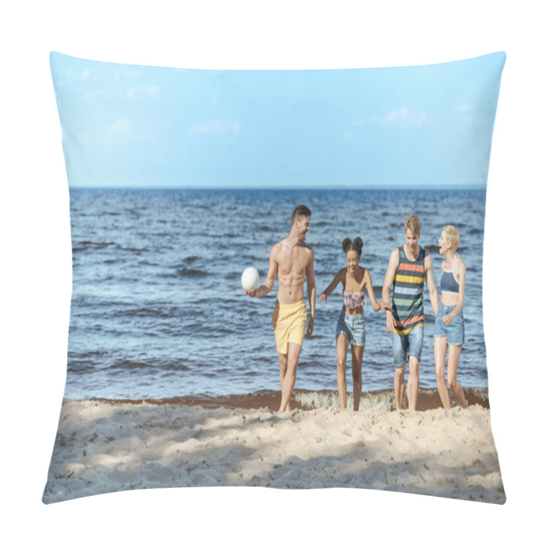 Personality  Multicultural Friends With Volleyball Ball Walking On Sandy Beach Pillow Covers