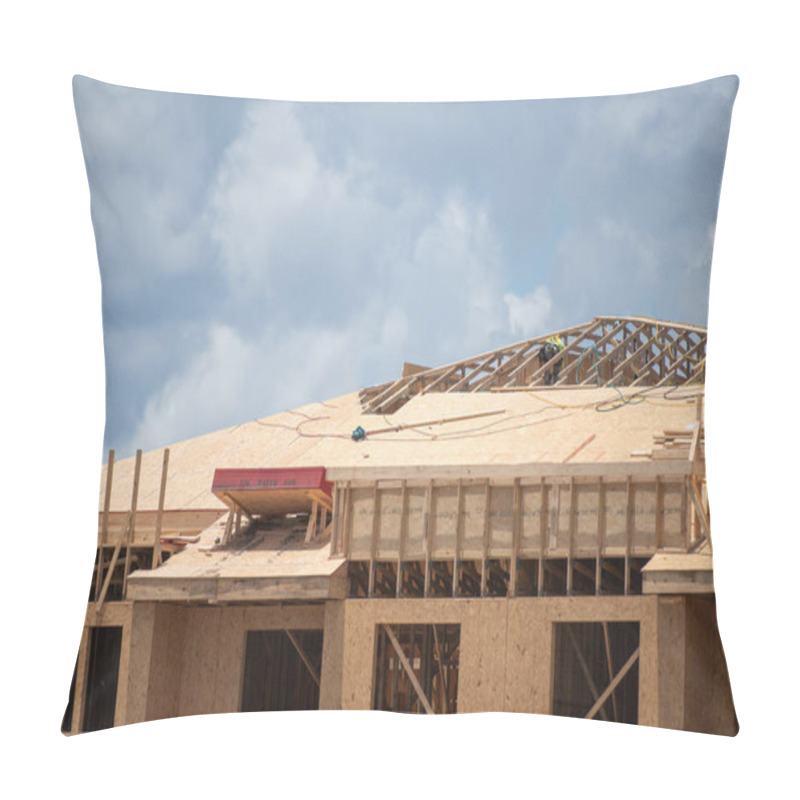 Personality  Construction Site. Roof Structure. Roofing Wooden House Frame. Roof At Construction Site. Construction Builders. Industrial. Industrial Background Pillow Covers