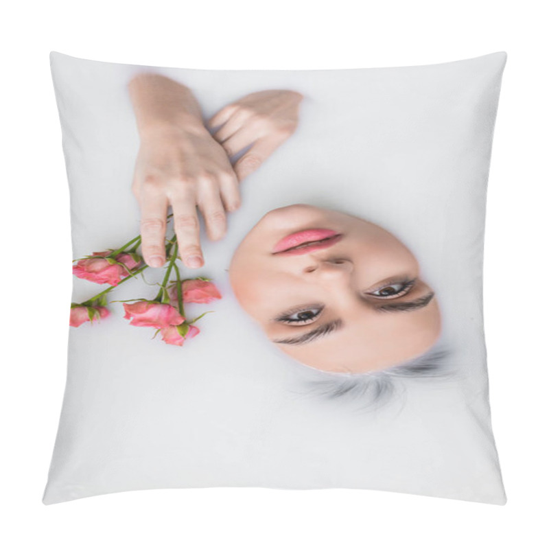 Personality  Top View Of Woman Looking At Camera While Bathing In Milk With Pink Roses Pillow Covers