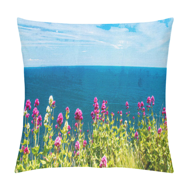 Personality  Watercolor Painting On Canvas. Brixham Devon, UK, Europe. Beautiful Seaside Panorama. Landscape By The Sea On A Sunny Day. Pillow Covers