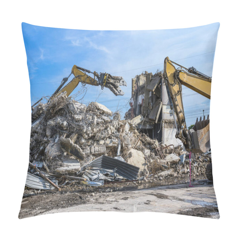 Personality  Building House Demolition Site Excavator With Hydraulic Crasher Machine And Yellow Container Pillow Covers