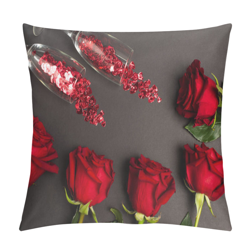 Personality  Top View Of Red Roses Near Glasses With Confetti On Black Pillow Covers